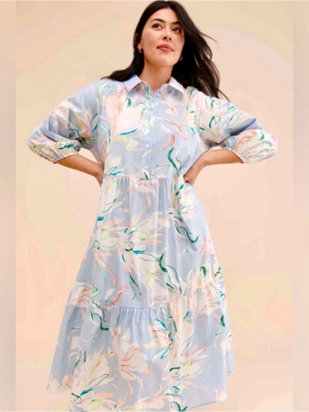Maeve Light Blue Floral Midi Dress with Pastel Accents